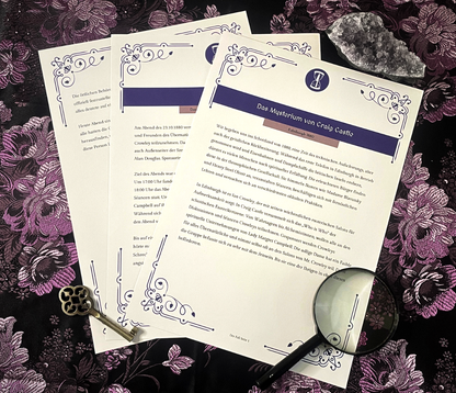 Drei Seiten einer selbst gedruckten Version des Krimidinners "Das Mysterium von Craig Castle" in Edinburgh