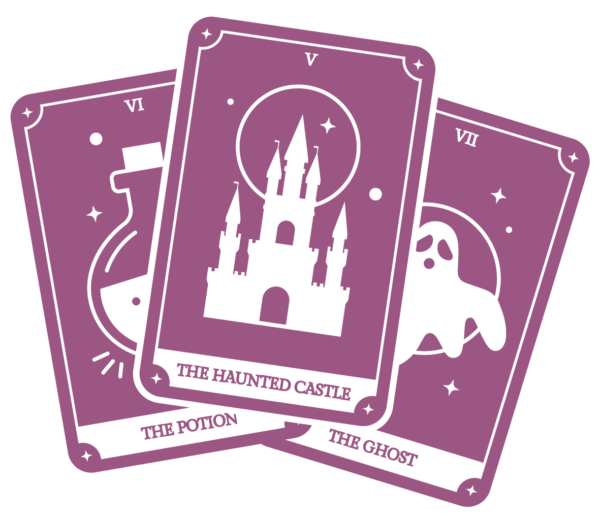 Drei stilisierte Tarot Karten als Produktbild des Edinburgh Krimidinners. Die vordere Karte zeigt "Das verfluchte Schloss".