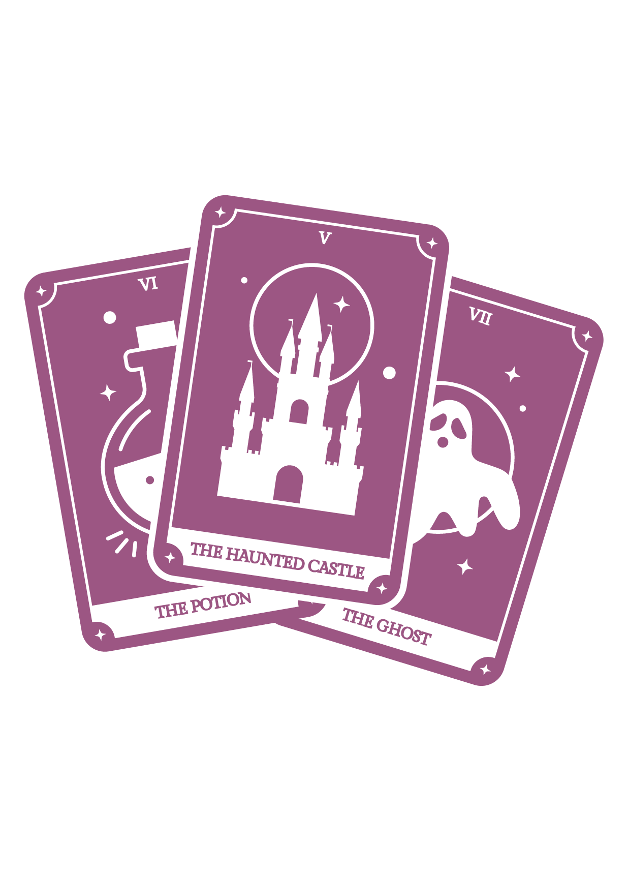 Drei stilisierte Tarot-Karten als Produktbild eines Krimidinners. Die vordere Karte zeigt "Das verfluchte Schloss".